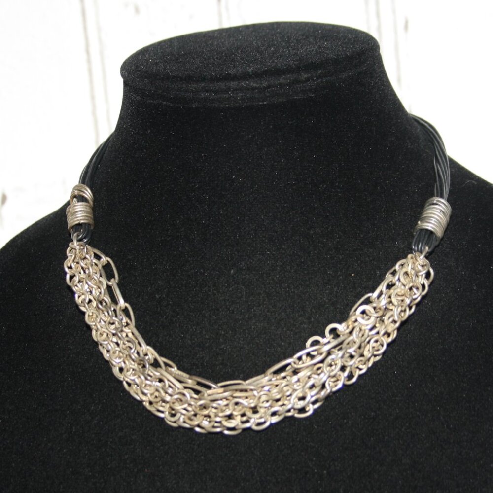 Beautiful black cord and multi-strand silver chain necklace 16"